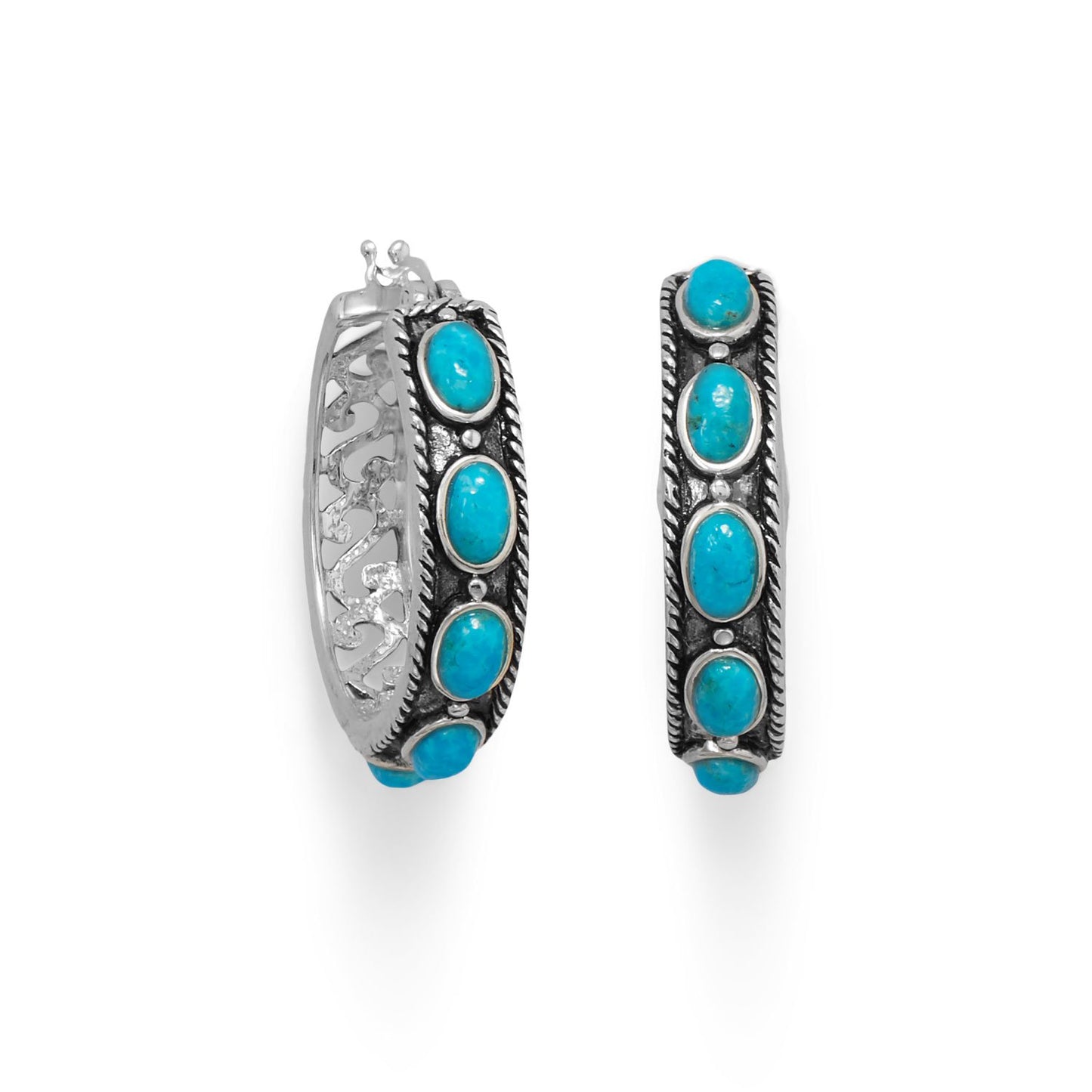 Ornate Oxidized Turquoise Hoop Earring