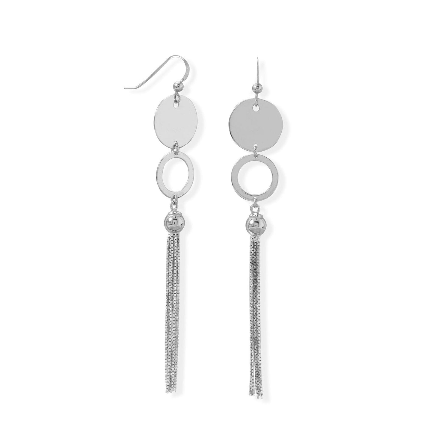 Tassel-tastic! Rhodium Plated Disk and Circle Long Tassel Earring