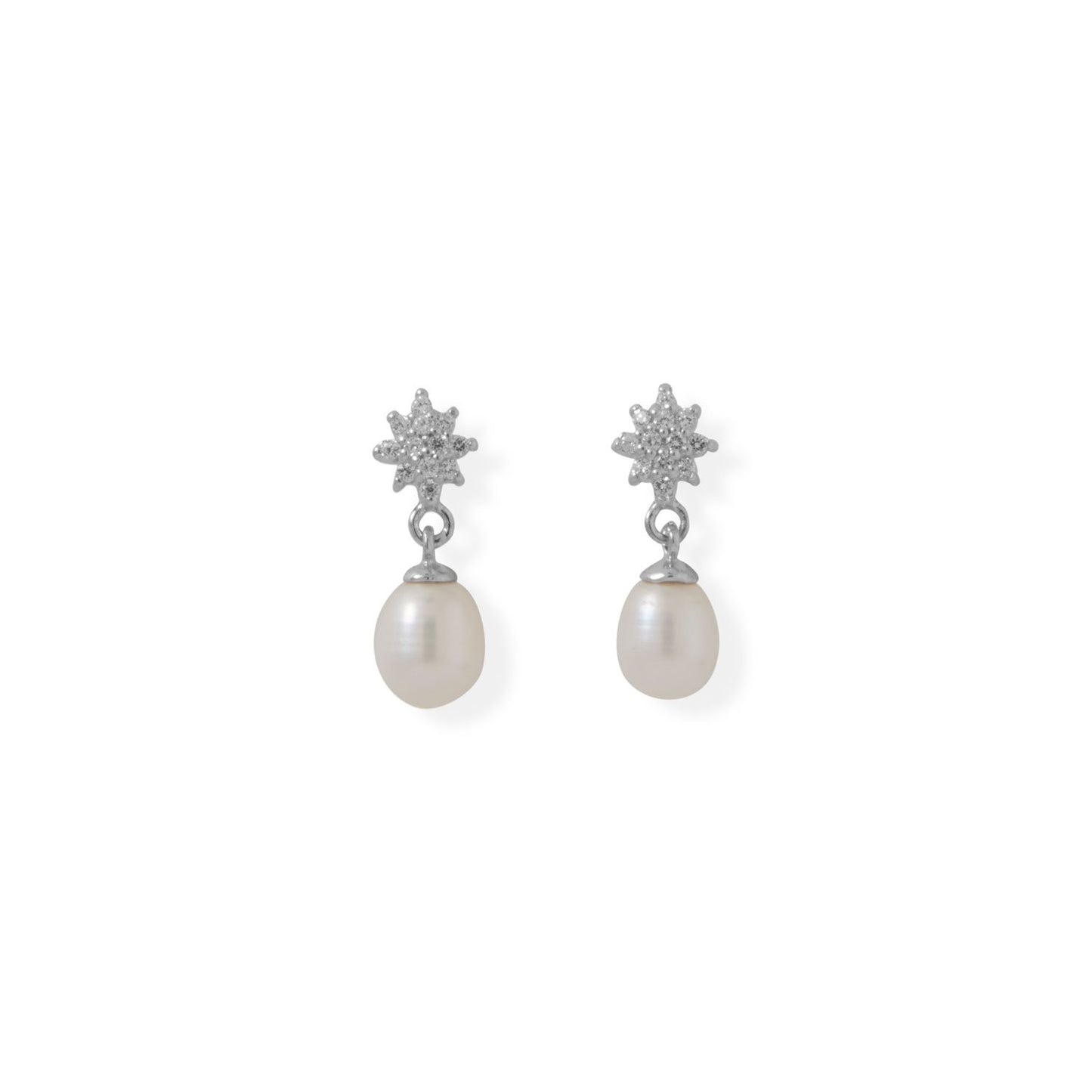 CZ Flower Post with Cultured Freshwater Pearl Drop Earrings