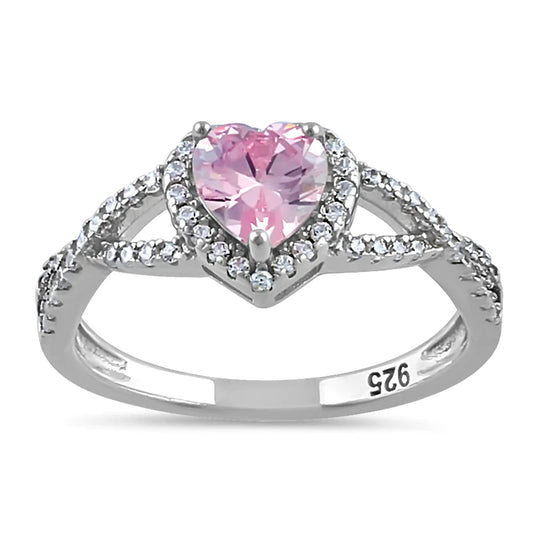 Sterling Silver Heart Halo Twist Pink CZ Ring