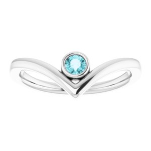 Sterling Silver Blue Zircon Solitaire Bezel-Set "V" Ring