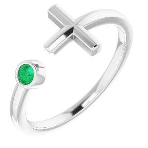 Sterling Silver Chatham® Created Emerald Negative Space Cross Ring