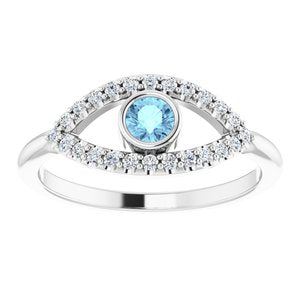 Sterling Silver Aquamarine & White Sapphire Evil Eye Ring