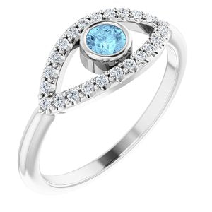 Sterling Silver Aquamarine & White Sapphire Evil Eye Ring