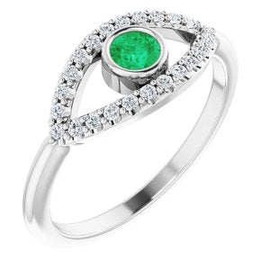 Sterling Silver Chatham® Created Emerald & White Sapphire Evil Eye Ring