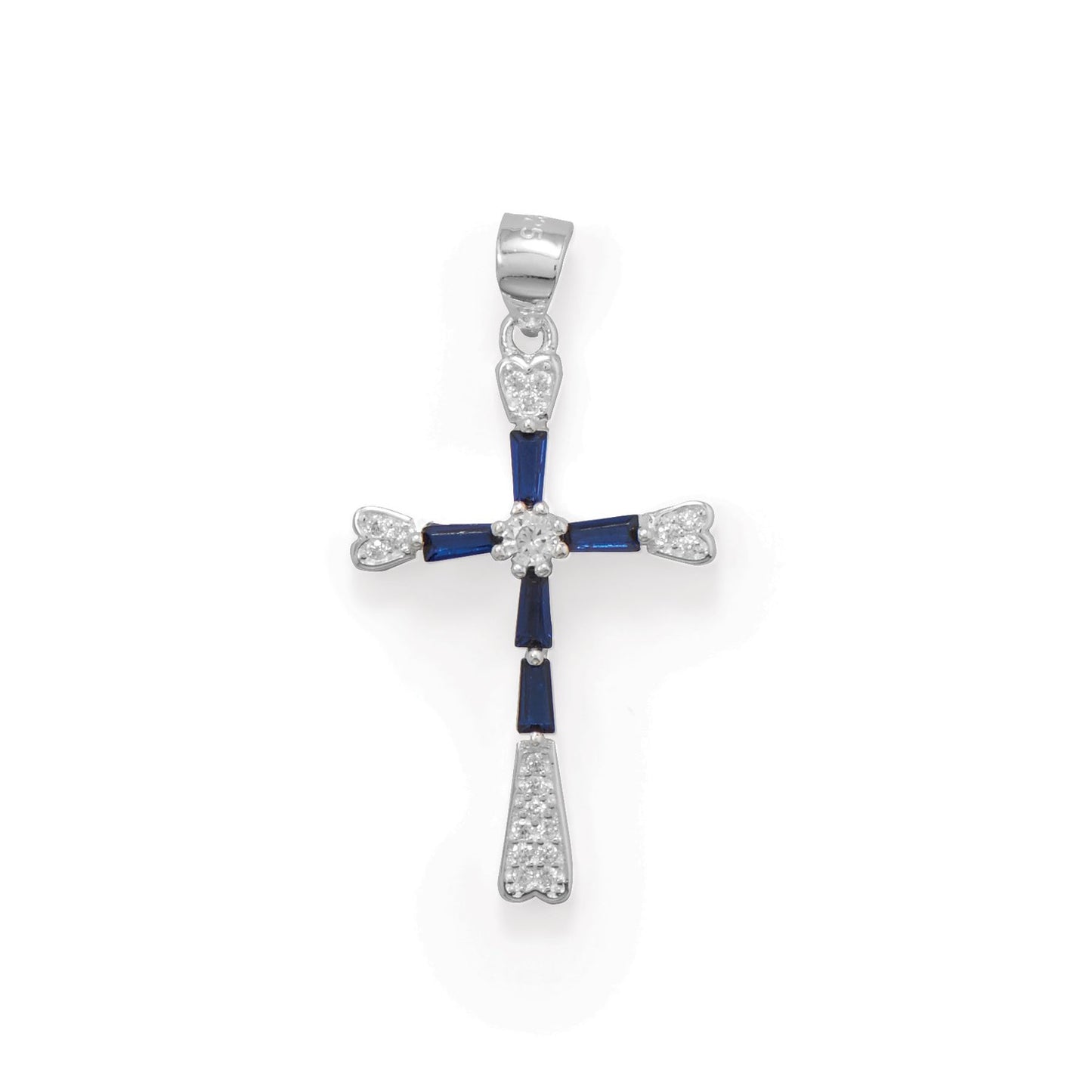 Rhodium Plated Blue CZ Cross Pendant