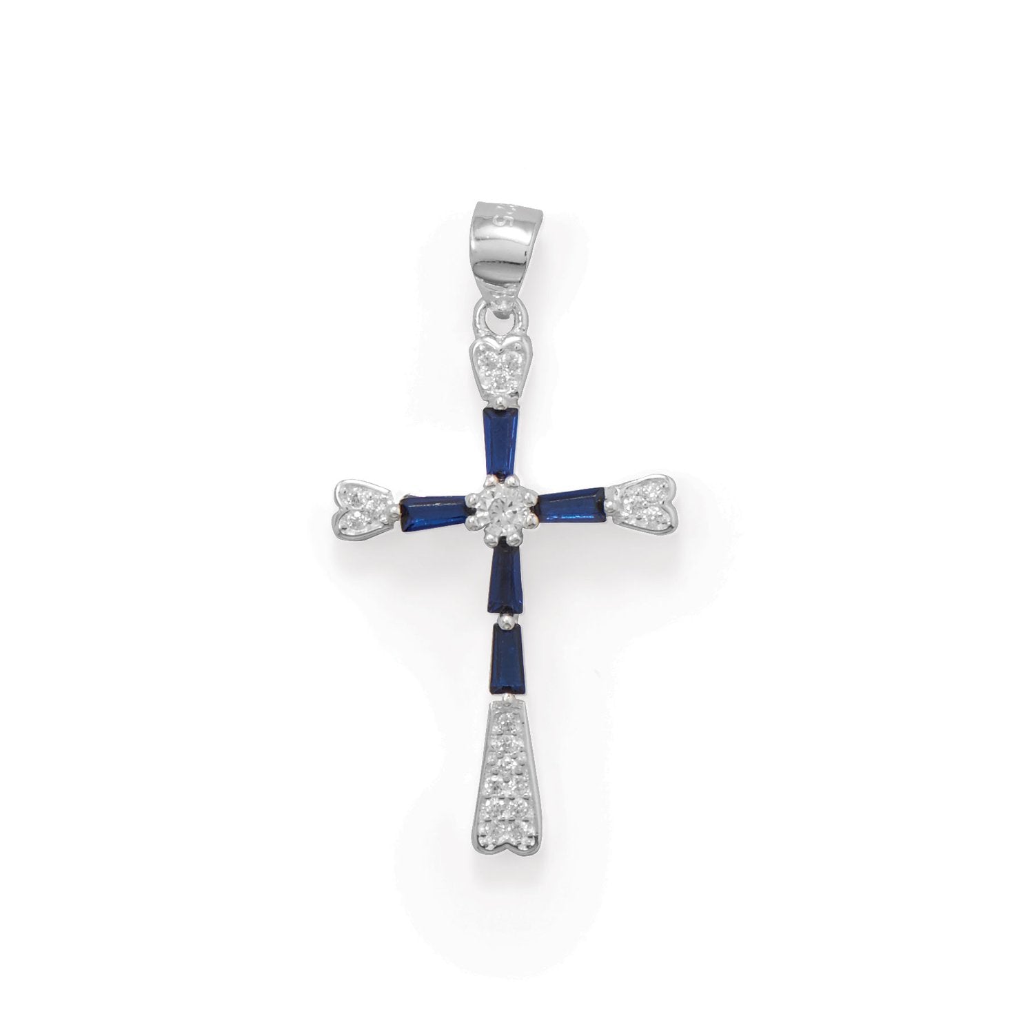 Rhodium Plated Blue CZ Cross Pendant