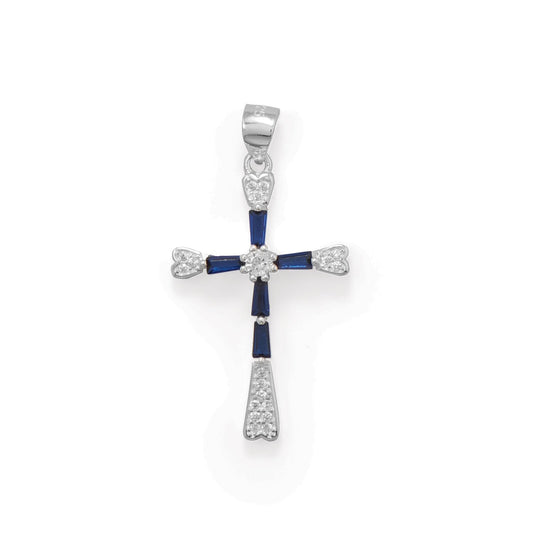 Rhodium Plated Blue CZ Cross Pendant