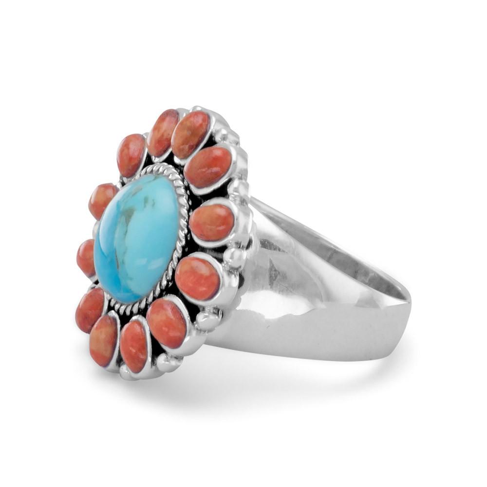 Anillo Sunburst de turquesa y coral reconstituido