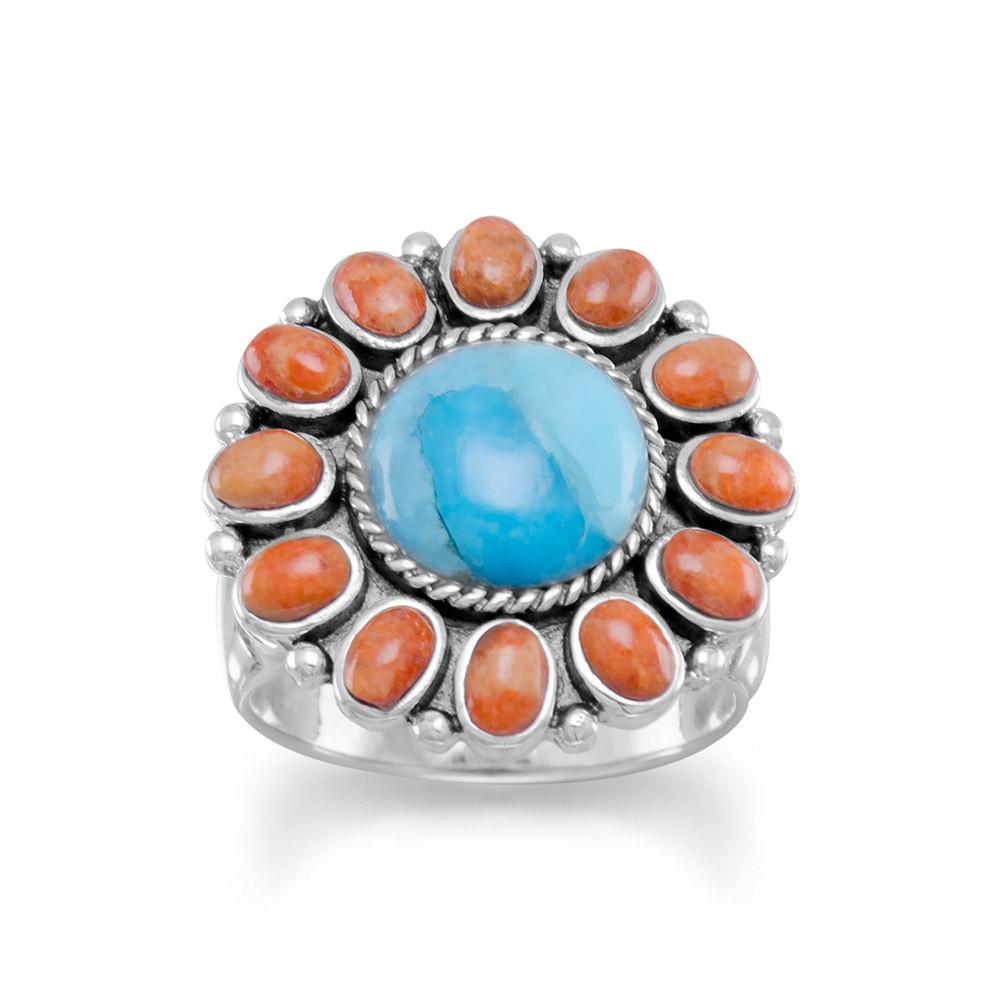 Anillo Sunburst de turquesa y coral reconstituido