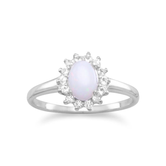 Rhodium Plated White Topaz and Australian Opal Ring