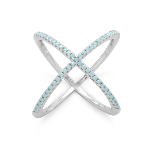 Rhodium Plated Criss Cross 'X' Ring with Blue CZs