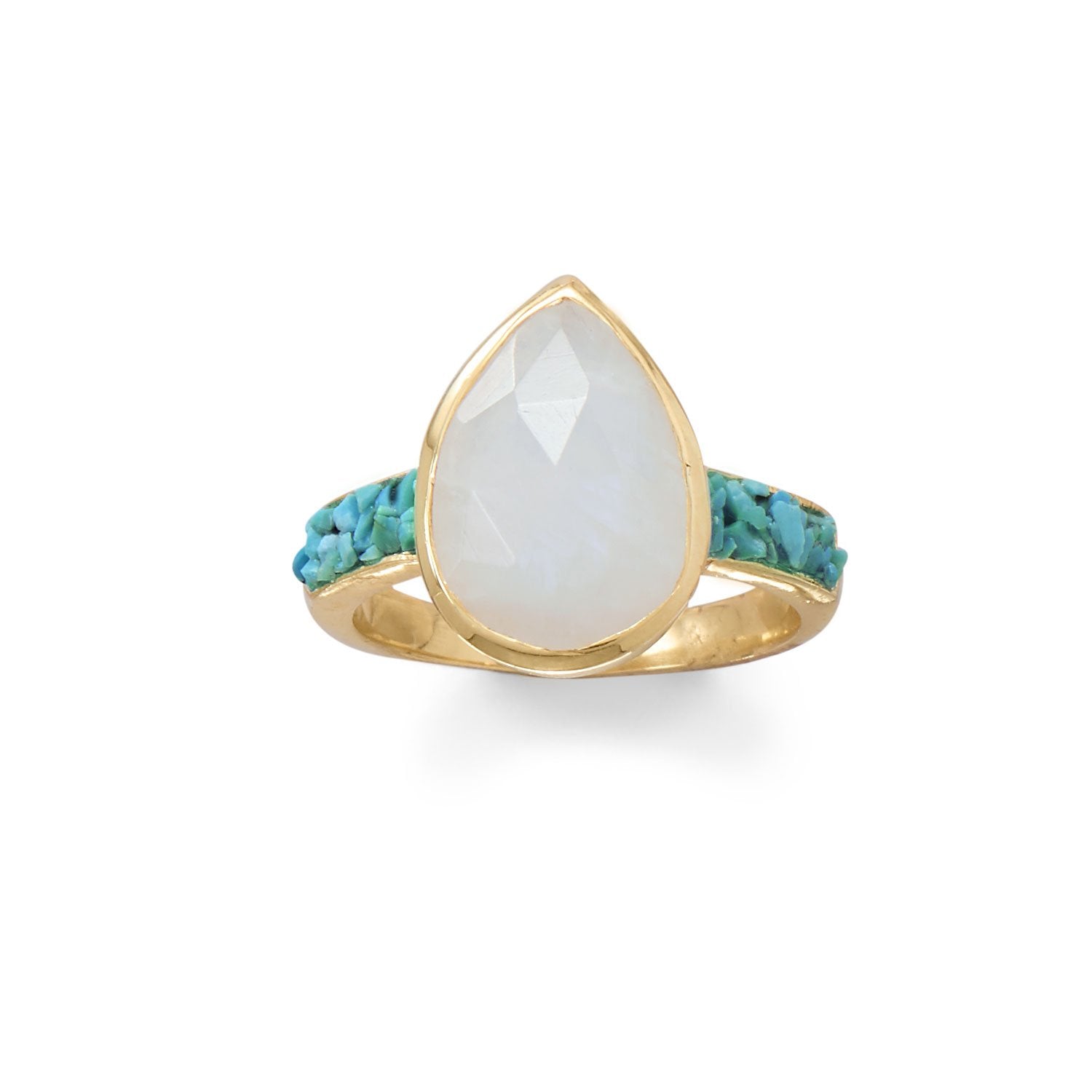 14 Karat Gold Plated Rainbow Moonstone and Crushed Turquoise Ring