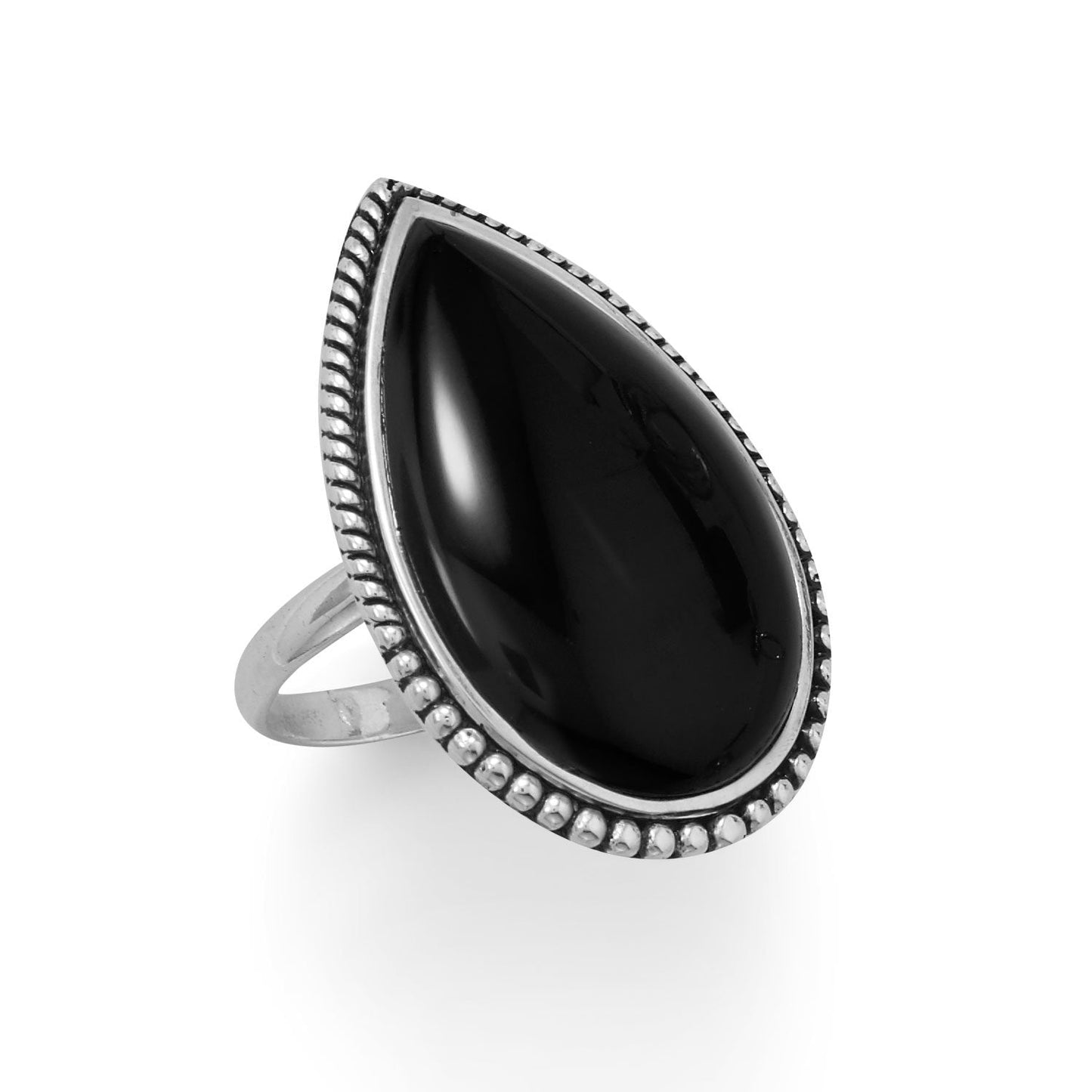 Anillo grande de ónix negro con borde de cuentas