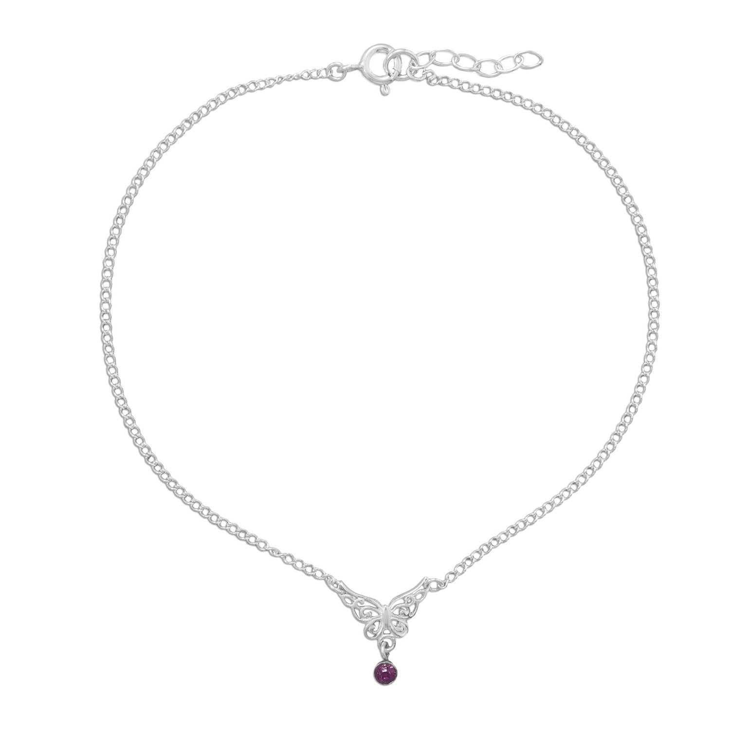 9.5"+.5" Butterfly Anklet with Purple Crystal Charm