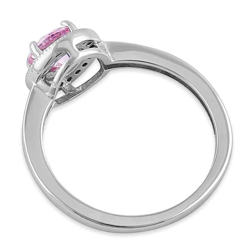 Anillo elegante de plata de ley con halo redondo y circonita rosa 