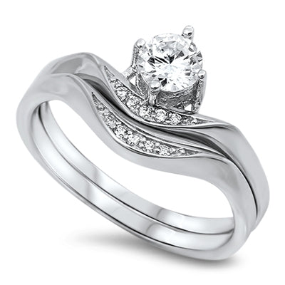 Sterling Silver Solitaire Wave Wedding Band Set