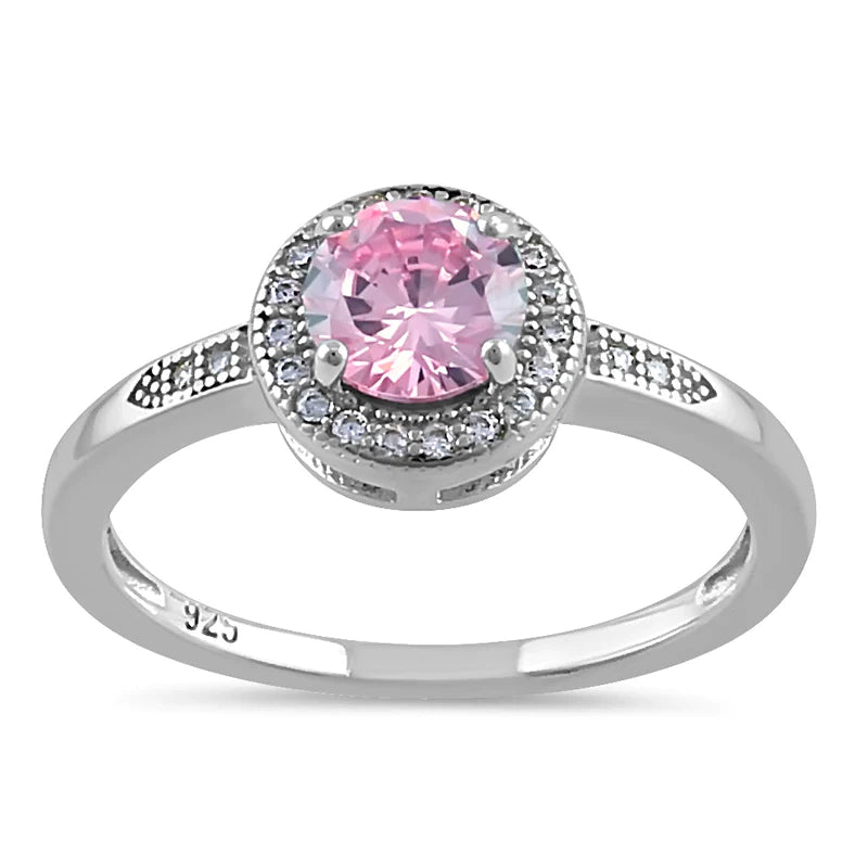 Anillo elegante de plata de ley con halo redondo y circonita rosa 