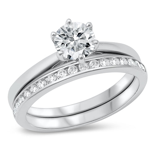 Sterling Silver Solitaire Wedding Band Set