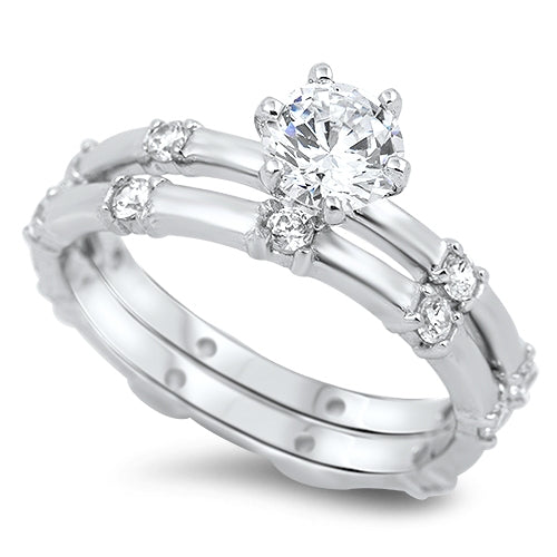 Sterling Silver Solitaire Wedding Band Set