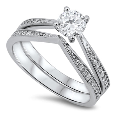 Sterling Silver Solitaire V Wedding Band Set