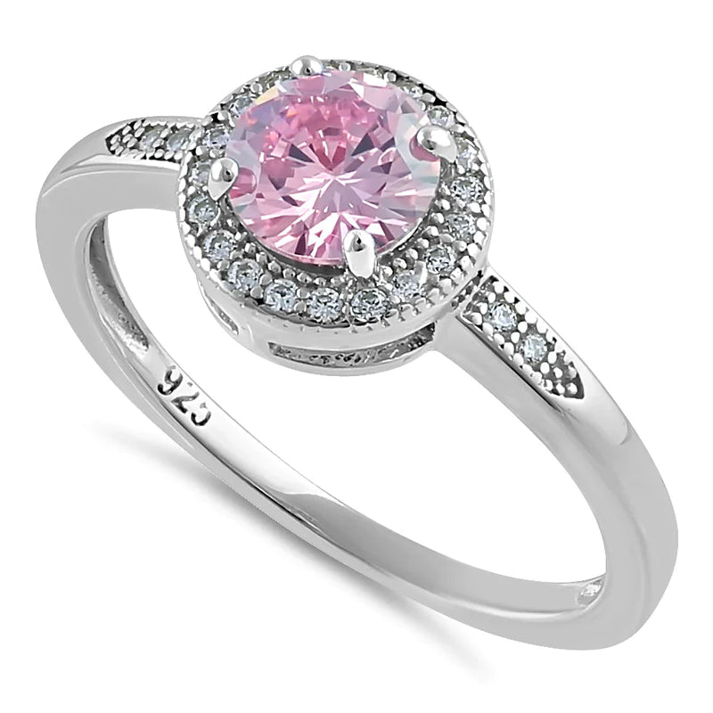 Anillo elegante de plata de ley con halo redondo y circonita rosa 