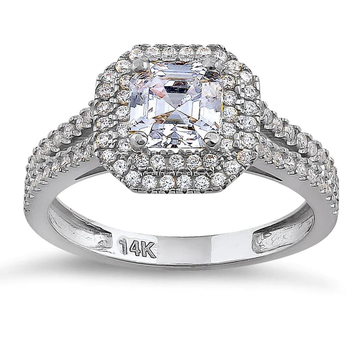 Solid 14K White Gold Asscher Cut Double Halo CZ Engagement Ring