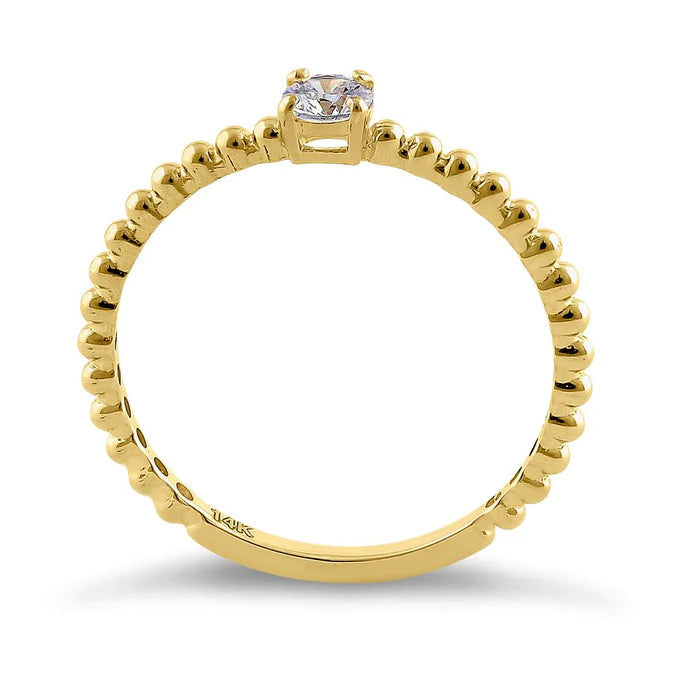 Solid 14K Yellow Gold Beaded Round CZ Engagement Ring