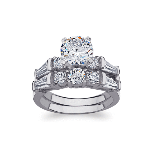 Platinum Plated Sterling Silver Round CZ Wedding Ring Set