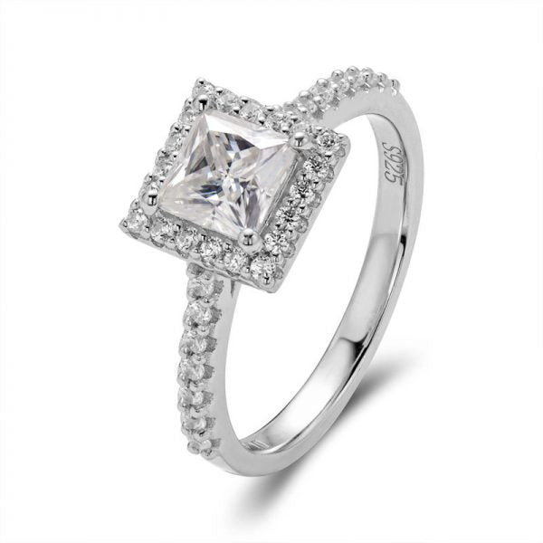 Sterling Silver 1 Carat Princess Cut and Side Stones Moissanite Ring