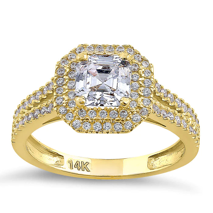 Solid 14K Yellow Gold Asscher Cut Double Halo CZ Engagement Ring