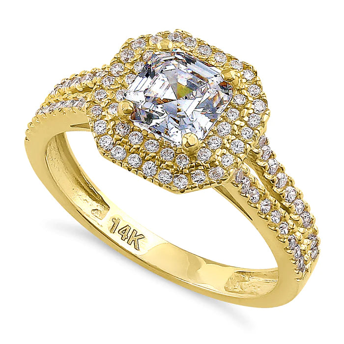 Solid 14K Yellow Gold Asscher Cut Double Halo CZ Engagement Ring