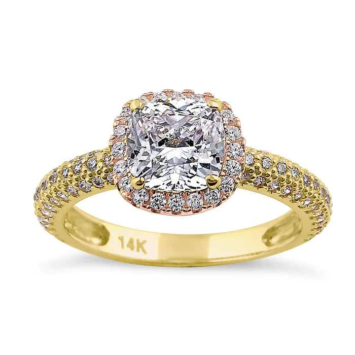 Solid 14K Yellow Gold & Rose Gold Plated Cushion Cut CZ Engagement Ring