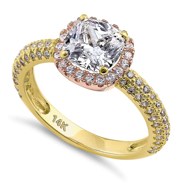 Solid 14K Yellow Gold & Rose Gold Plated Cushion Cut CZ Engagement Ring