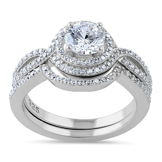 Sterling Silver Halo CZ Wedding Set Ring