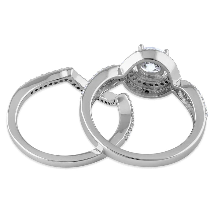 Sterling Silver Halo CZ Wedding Set Ring