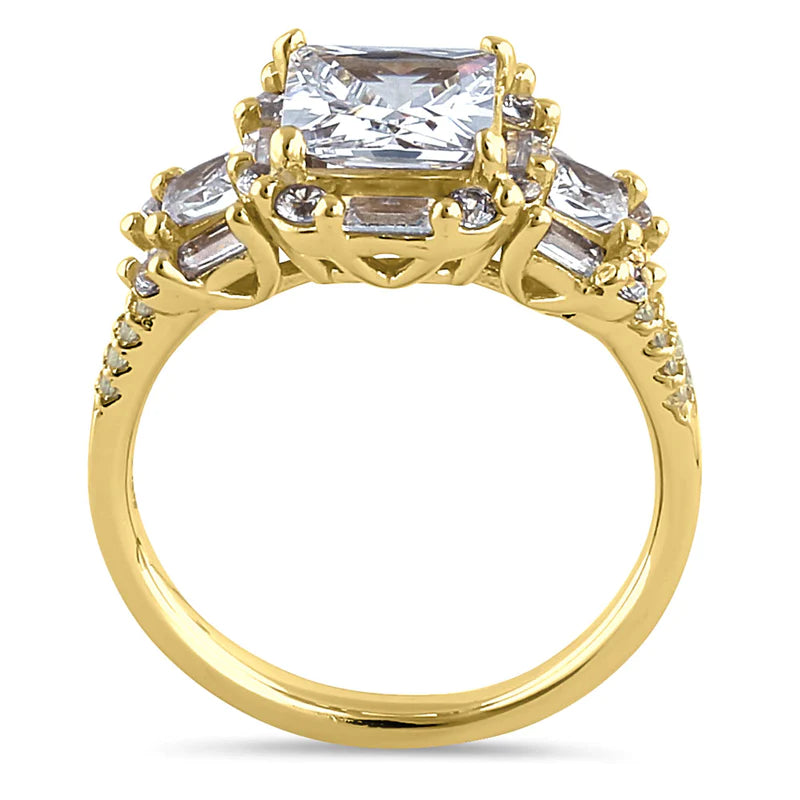 Sterling Silver Yellow Gold Plated Classic Princess, Emerald & Round Cut Clear CZ Ring