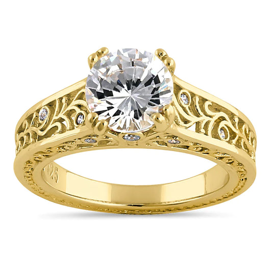 Sterling Silver Yellow Gold Plated Filigree Round Clear CZ Ring