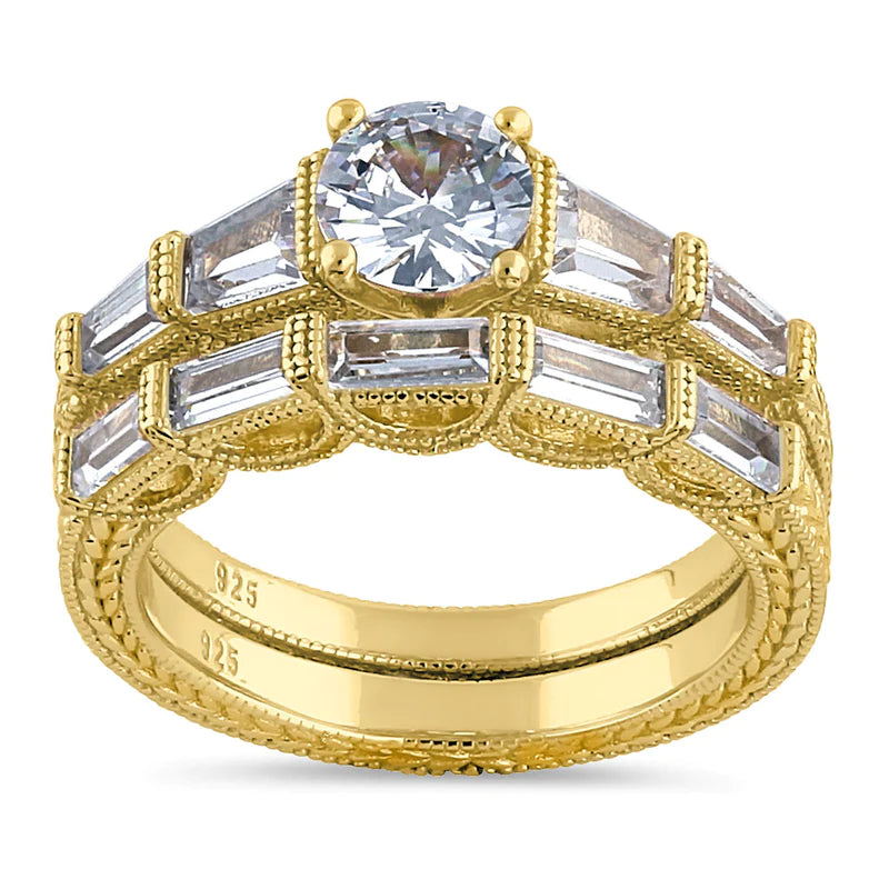 Sterling Silver Yellow Gold Plated Vintage Round & Baguette Cut Clear CZ Engagement Ring Set