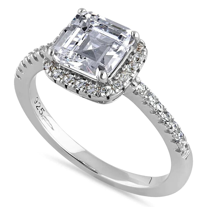 Sterling Silver Chic Square Halo with Round Cut Clear CZ Engagement Ring