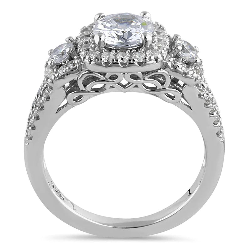 Sterling Silver Luxurious Filigree Halo Trio Round Cut Clear CZ Engagement Ring