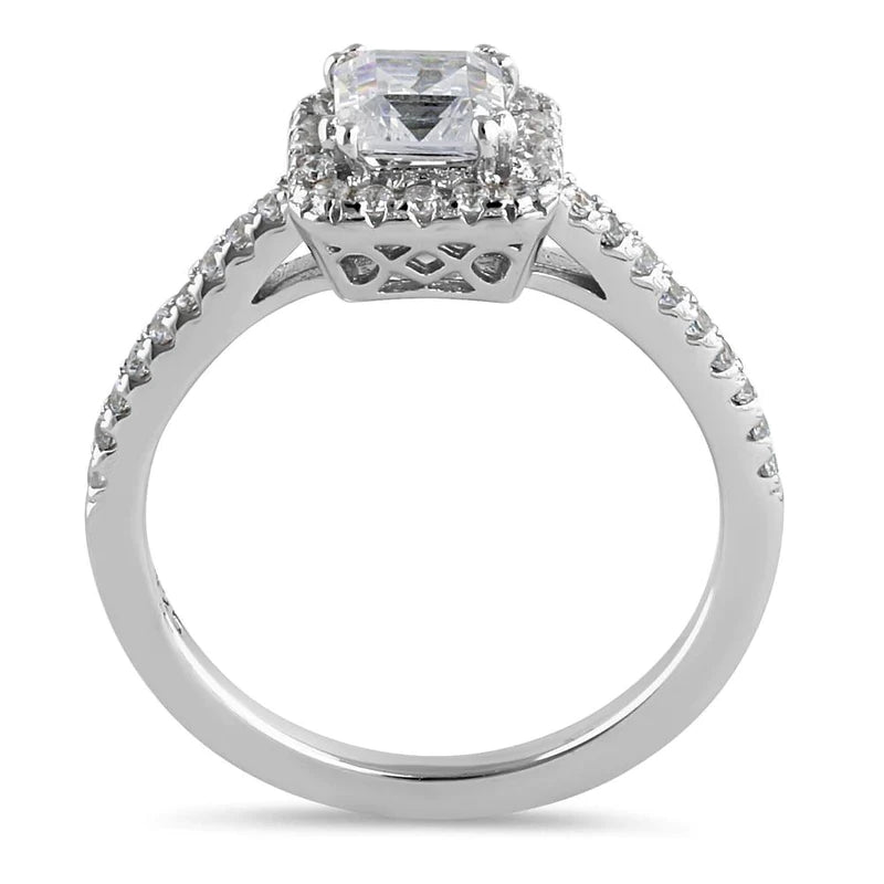 Sterling Silver Elegant Square Halo and Round Cut Clear CZ Engagement Ring