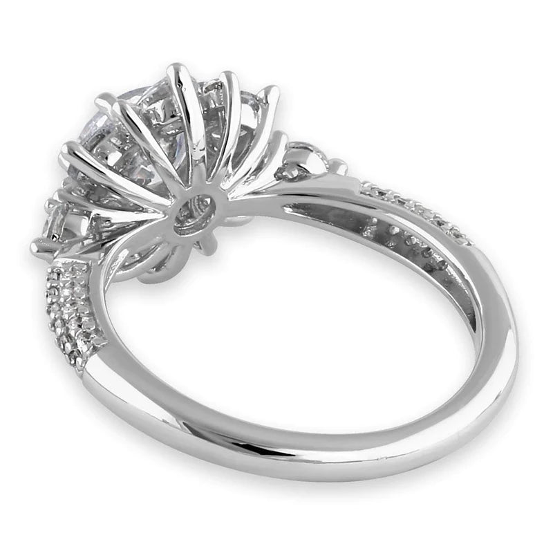 Sterling Silver Exotic Wild Flower Round Cut Clear CZ Engagement Ring