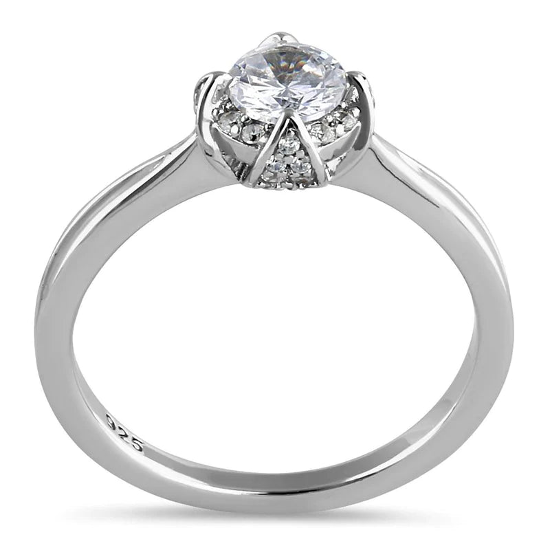 Sterling Silver Victorian Round Halo Clear CZ Engagement Ring