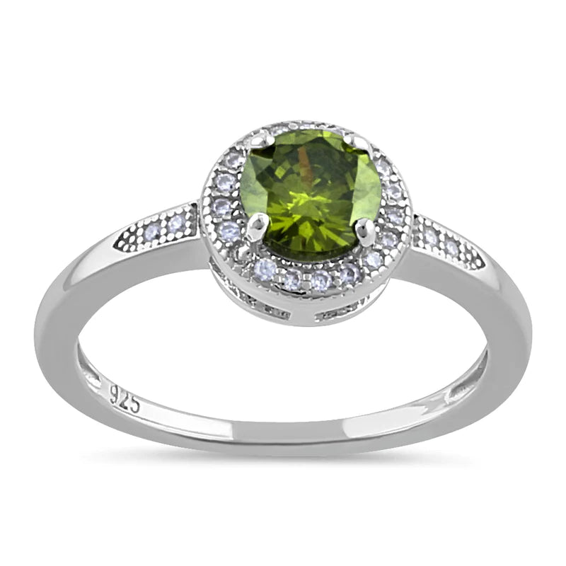 Anillo elegante de plata de ley con halo redondo y peridoto CZ 