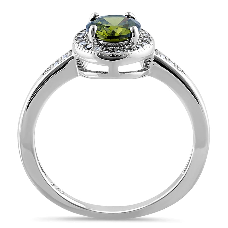 Anillo elegante de plata de ley con halo redondo y peridoto CZ 