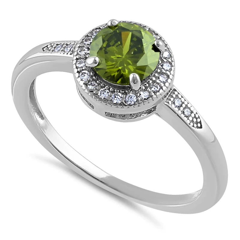 Anillo elegante de plata de ley con halo redondo y peridoto CZ 