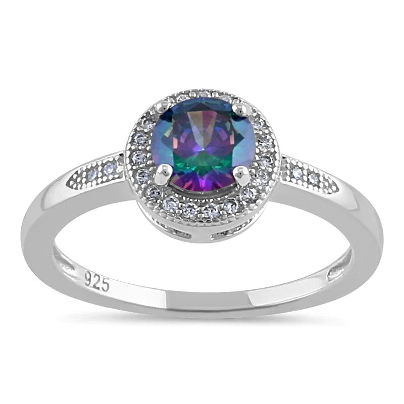 Sterling Silver Elegant Round Halo Rainbow CZ Ring