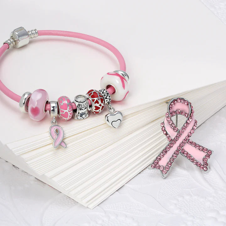 Leather Breast Cancer Survivor Pink Charm Bracelet