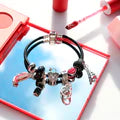 Black Leather Black Crystal Bead Handcuff Charm Bracelet